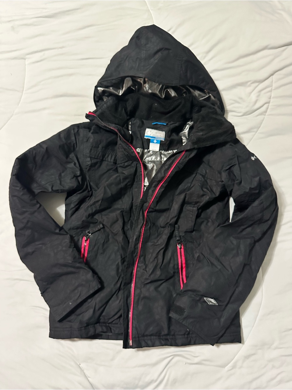 Columbia Black Girls' Hooded Raincoat with Pink Zippers